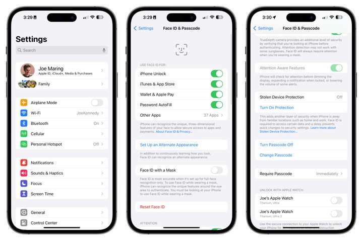 Screenshots of iOS 17.3's Stolen Device Protection feature on an iPhone.
