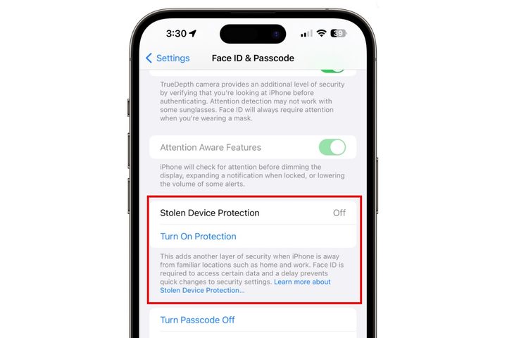 Enabling Stolen Device Protection feature on iPhone.