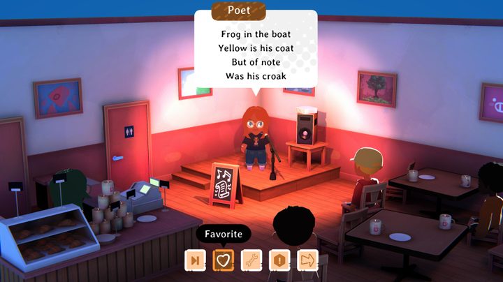 A character reads poetry in Kind Words 2.