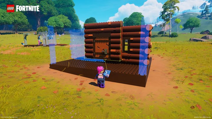 A character builds a house in Lego Fortnite.