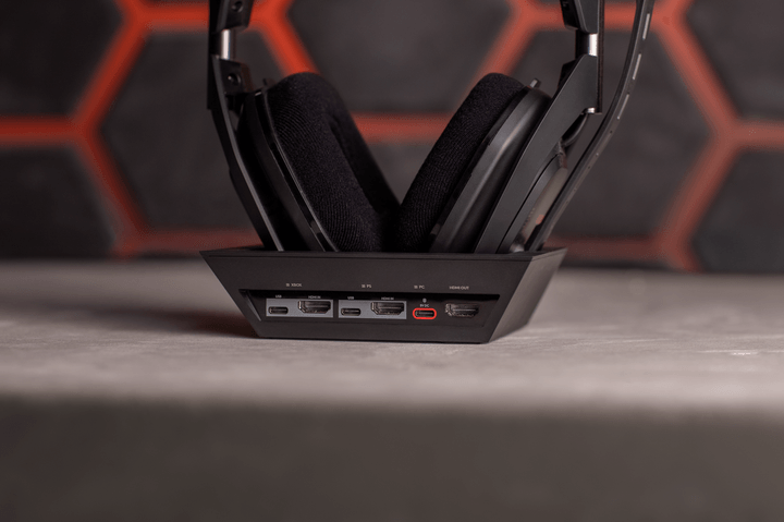 The base stand of the A50 X sits on a table.