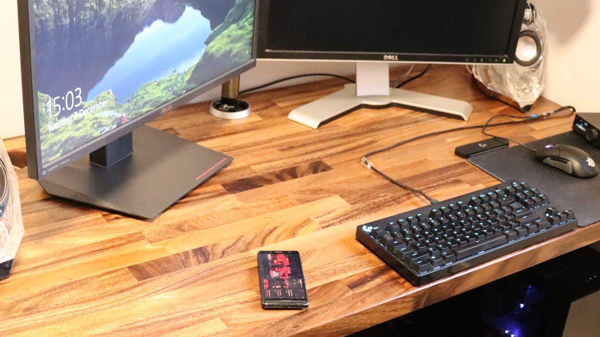 My desktop work surface with monitor stands.