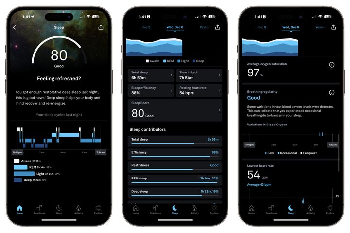 Screenshots of sleep tracking data from the Oura app.