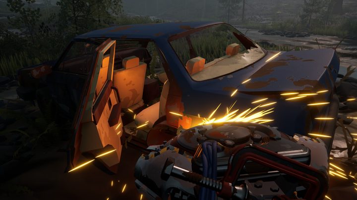 A character scraps a car with a saw in Pacific Drive.