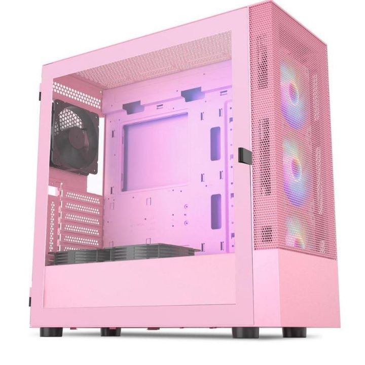 Pink PC case over a white background.