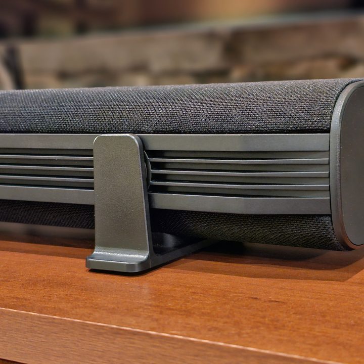 Platin Audio Milan 5.1.4 soundbar rear panel with rubber foot attached.