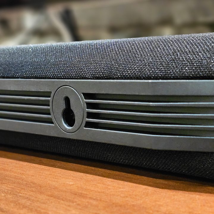 Platin Audio Milan 5.1.4 soundbar rear panel with keyhole visible.