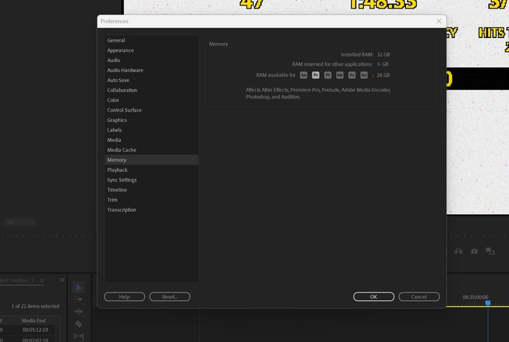 RAM allocation settings in Adobe Premiere Pro.