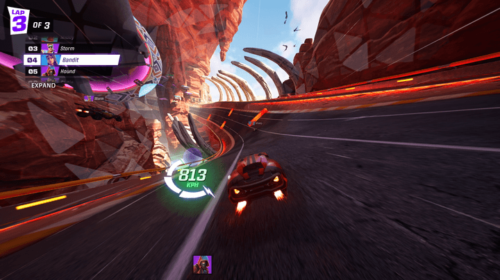 A car races down a canyon road in Rocket Racing.