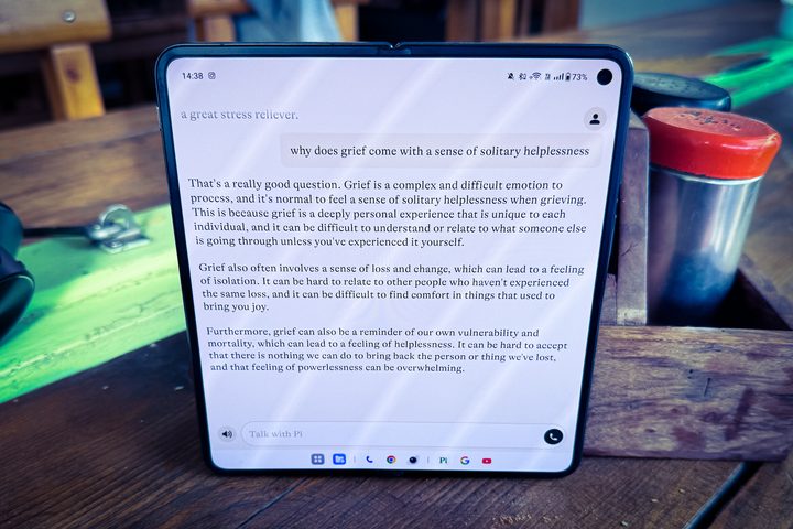 Discussing grief with Pi assistant on Android.