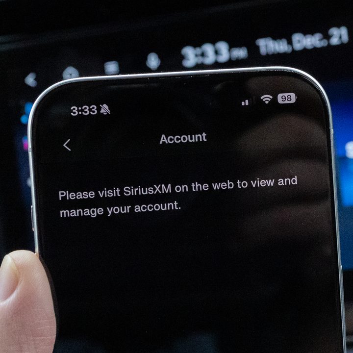 The Account section of the SiriusXM app is clearly visible in a normal-faced font.