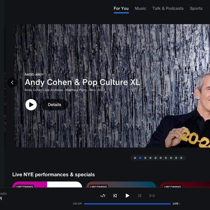 The For You screen on the SiriusXM desktop web player.