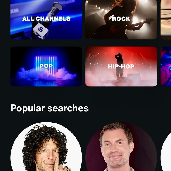 The Search screen on the SiriusXM iOS app.