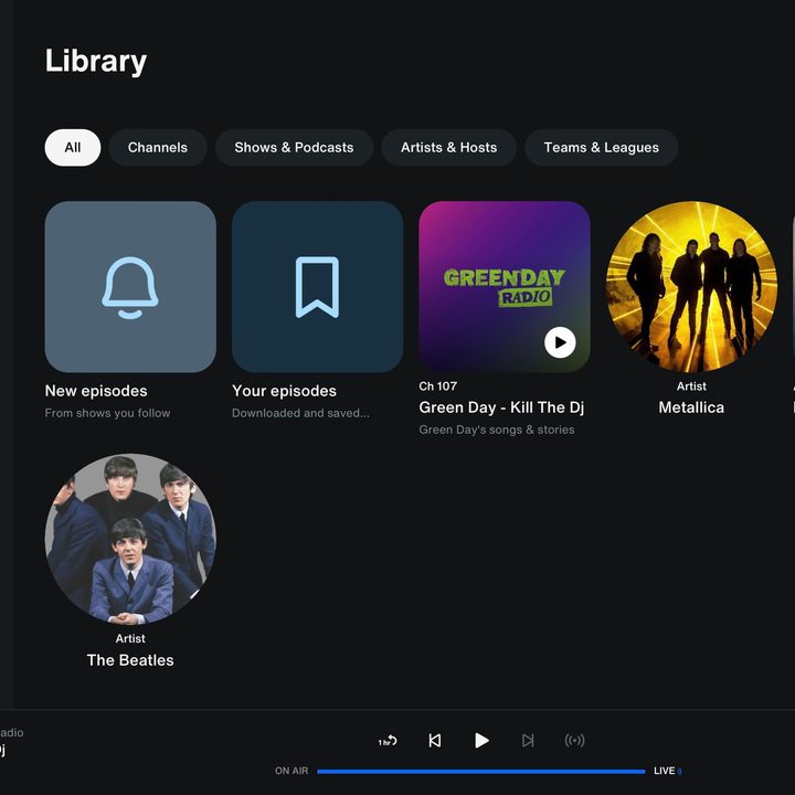 The Library tab on the SiriusXM desktop web player.