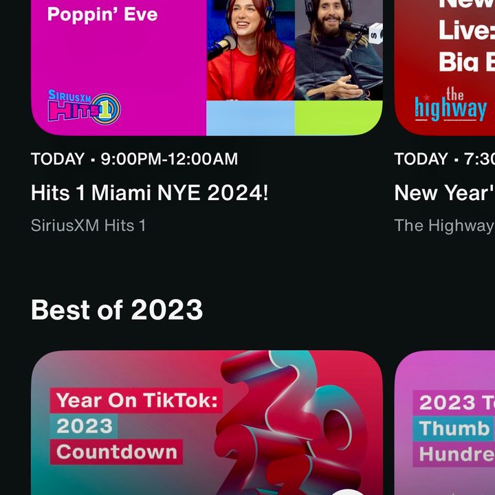 The Music tab on the SiriusXM iOS app.