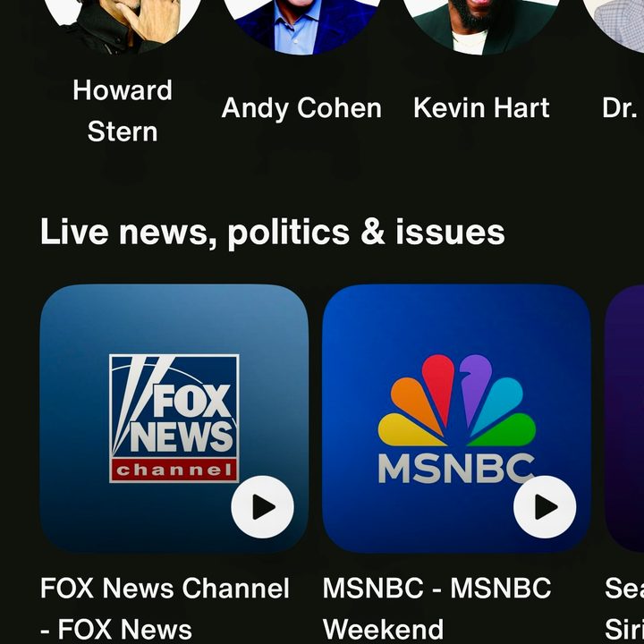 The Talk & Podcasts tab on the SiriusXM iOS app.