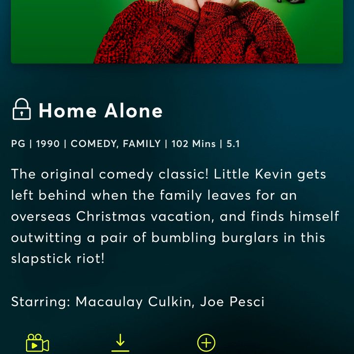 The movie selection screen for Home Alone in the Starz iOS app.