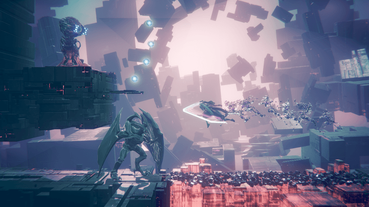 A character dashes towards a robotic creature in Trinity Fusion.