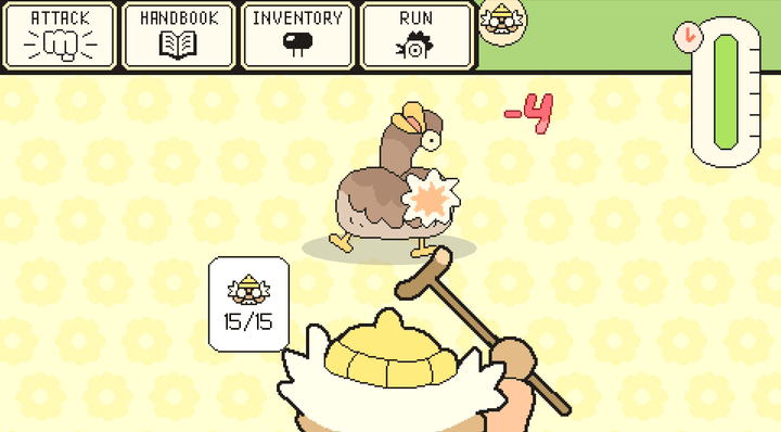 A hermit whacks a duck with a cane in Hermit and Pig.
