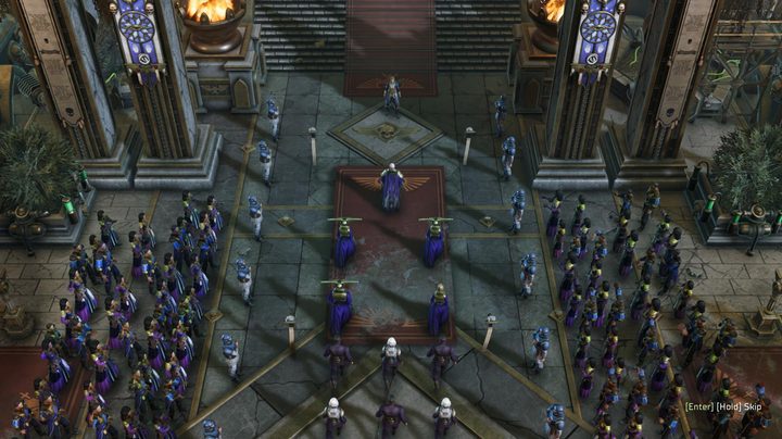 The Imperium’s soldiers march to greet the Rogue Trader during a ceremony in Warhammer 40K: Rogue Trader.