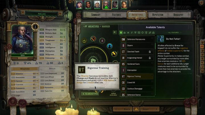 A Warhammer 40K: Rogue Trader screen shows character customization.