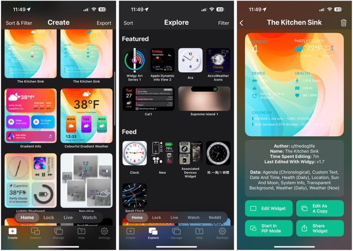 Screenshots of Widgy app on iPhone.
