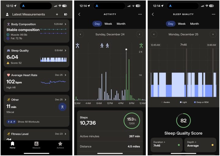 Withings Health Mate app showing notifications and measurements.