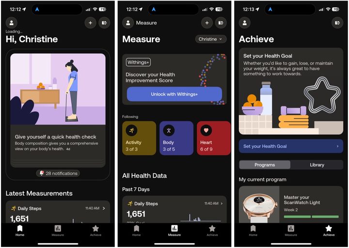 View of the Withings Health Mate app showing the Home, Measure, and Achieve tabs.