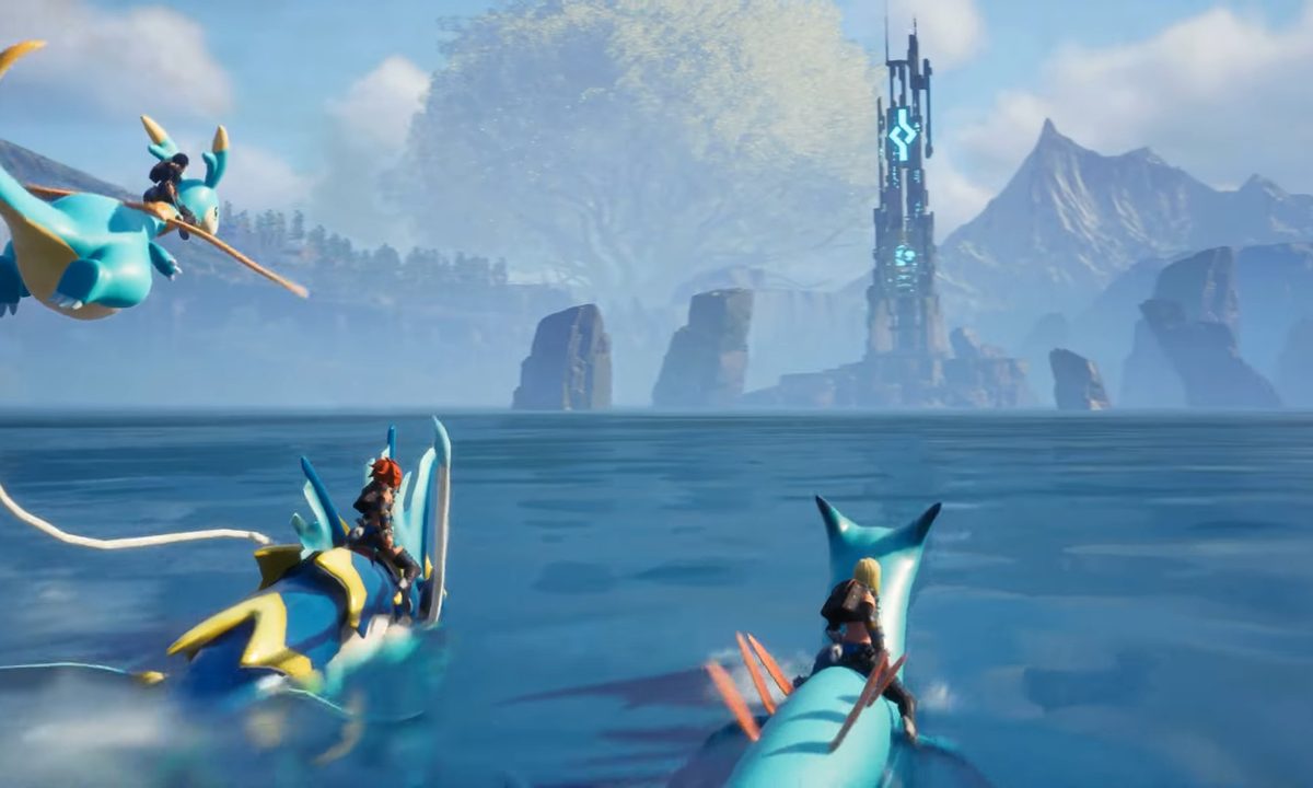 Four trainers riding pals in the water.