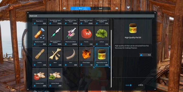 A shop menu in Palworld.