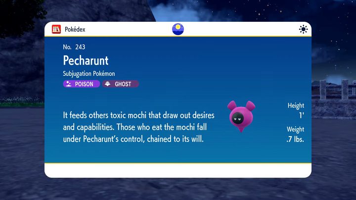 A pokedex entry for pecharunt.