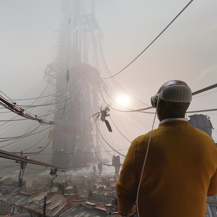 A person wearing the Apple Vision Pro overlaid on a screenshot of Half-Life: Alyx.