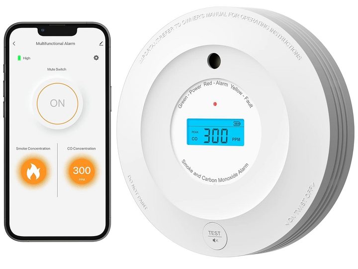 The Aegislink Wi-Fi Smoke and Carbon Monoxide Detector with its companion app.