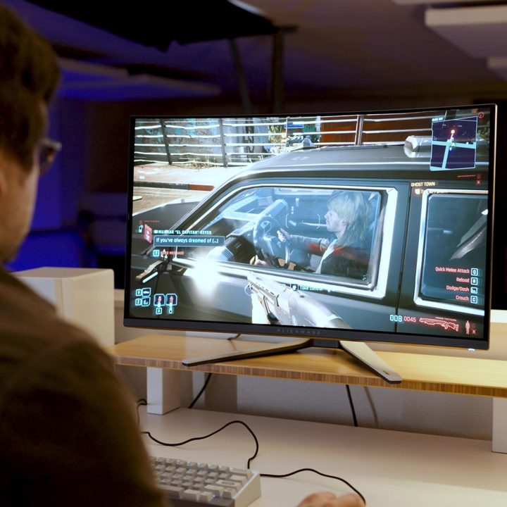 Cyberpunk 2077 being played on the Alienware 32 QD-OLED.