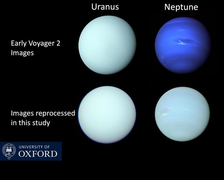 Voyager 2/ISS images of Uranus and Neptune released shortly after the Voyager 2 flybys in 1986 and 1989, respectively, compared with a reprocessing of the individual filter images in this study to determine the best estimate of the true colors of these planets.