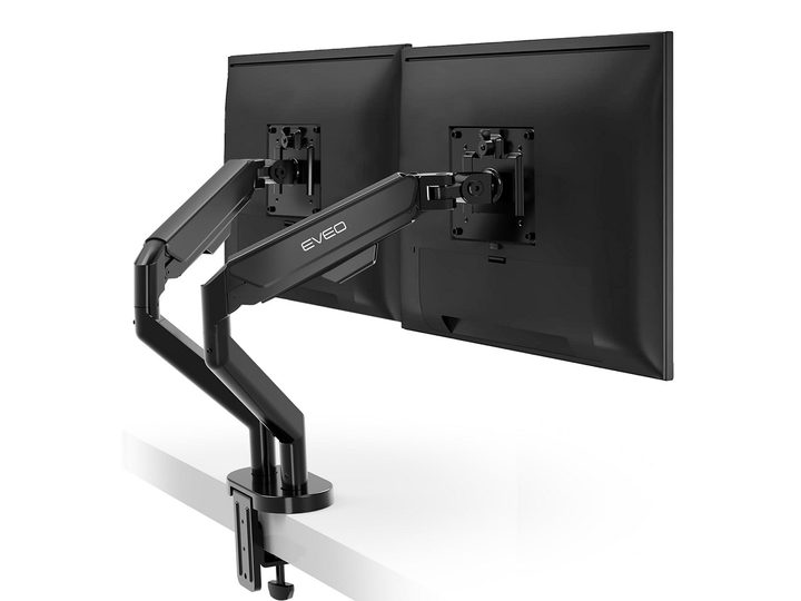 The EVEO Premium Dual Monitor Stand holding two monitors.