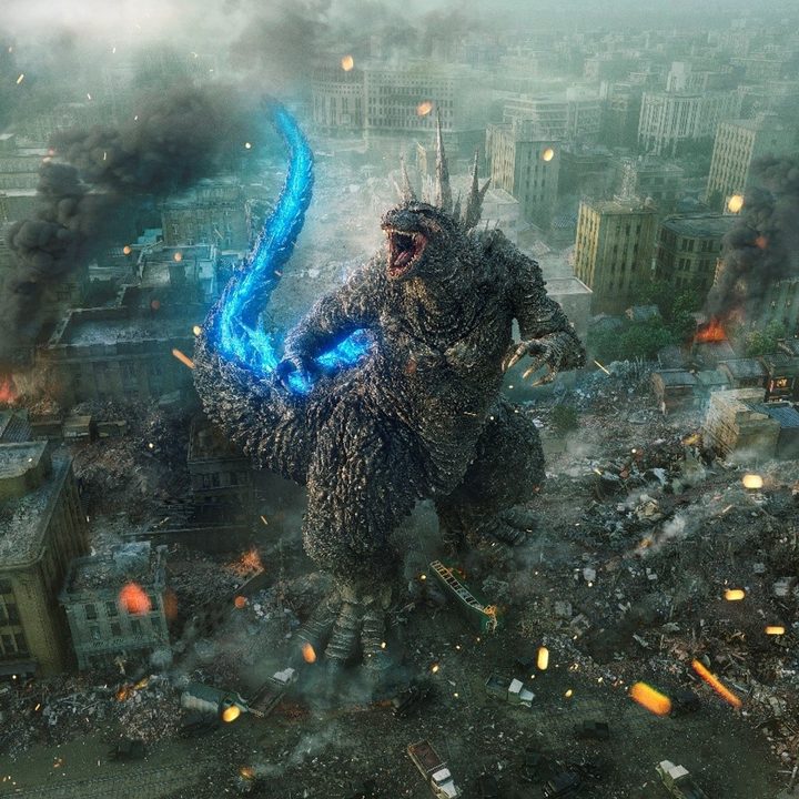 Godzilla destroys the city in a wide shot still from Godzilla Minus One