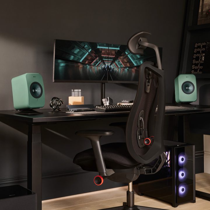 The KEF LSX II LTs connected to a gaming setup.
