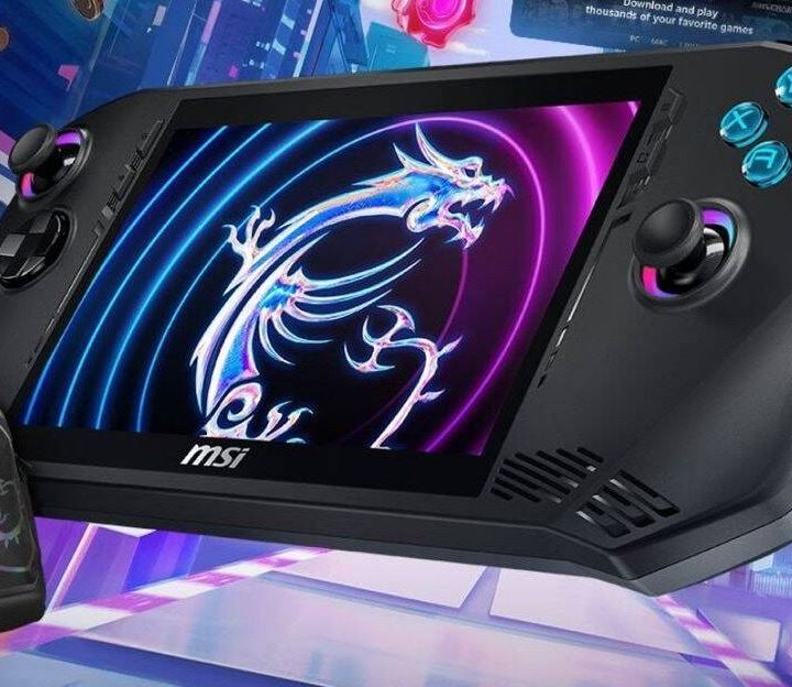 The MSI Claw gaming handheld over a colorful background.