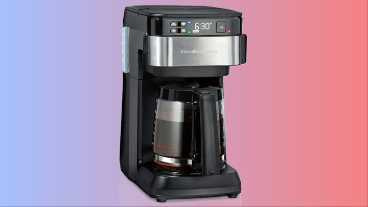 The Hamilton Beach Coffee Maker on a blue and red background.
