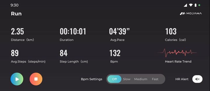 Mojawa companion app showing running stats.