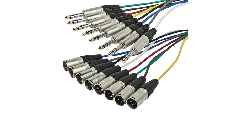 The Monoprice 3m 8-channel TRS Male to XLR Male Snake Cable on a white background.