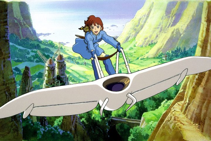Nausicaä riding a machine through the sky in Nausicaä of the Valley of the Wind.