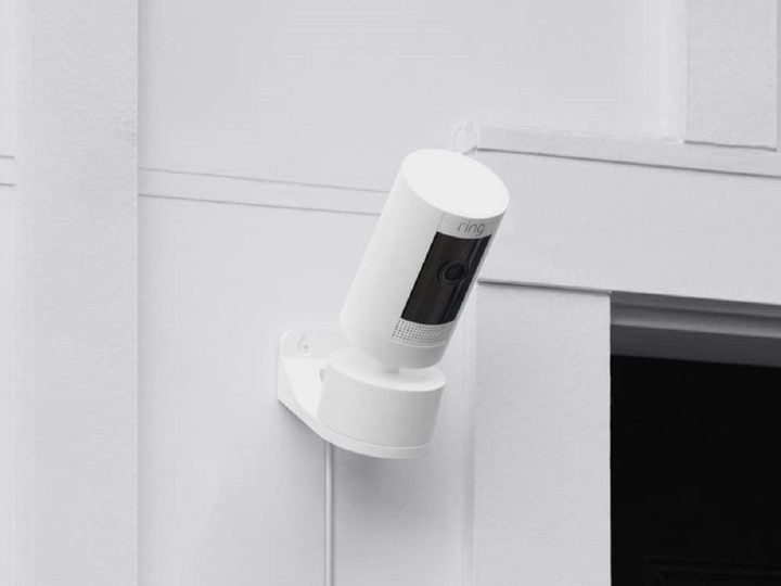 Ring Stick Up Cam Battery with Pan-Tilt mount, installed outdoors.