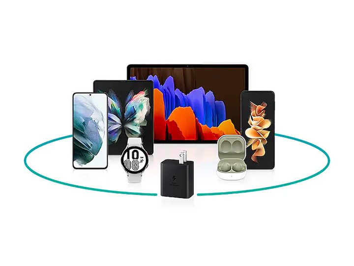 The Samsung 45-watt power adapter with cable and Samsung devices against a white background.