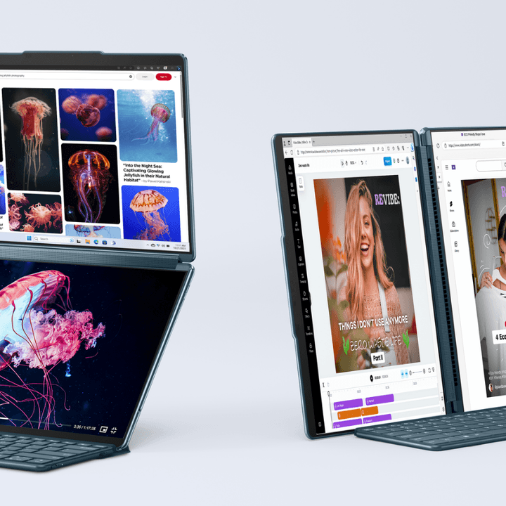 The Yoga Book 9i shown in two different modes.
