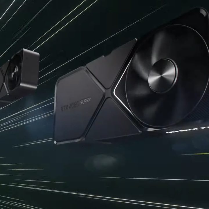Nvidia RTX 4080 Super, RTX 4070 Ti Super, and RTX 4070 Super over a dark background.