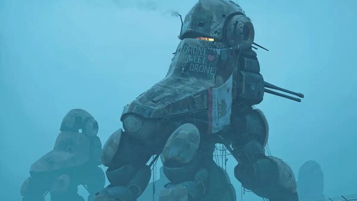 Giant robots against a cloudy sky in Simon Stålenhag's The Electric State.