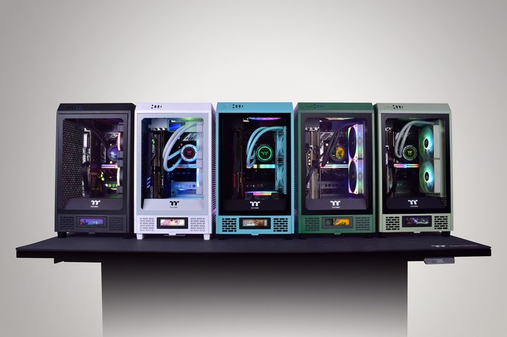 All five color options of the Thermaltake Tower 200 case.