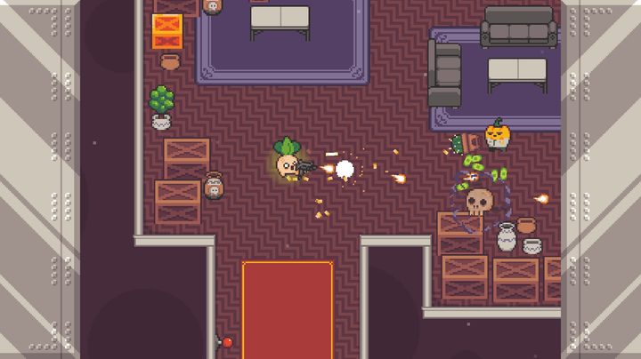 Turnip Boy shoots a gun in Turnip Boy Robs a Banik.